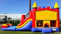 A red and blue bounce houseDescription automatically generated