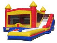 A red and blue bounce houseDescription automatically generated
