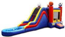 A colorful bounce house with a basketball ballDescription automatically generated