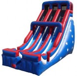 A red and blue inflatable slide  Description automatically generated