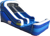 A blue and white inflatable slide  Description automatically generated